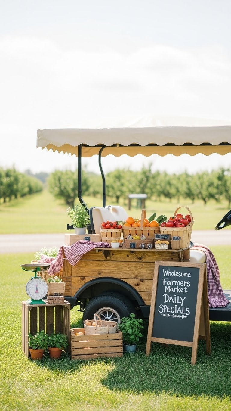 Wholesome Farmers Market Stand Golf Cart With Rustic Wooden Facade And Overflowing Baskets Of Realistic Faux Produce
