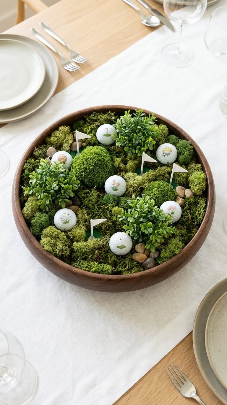Unique Decorated Golf Ball Bouquet: Easy Diy Gift For Golfers Wide Golf Ball Centerpiece With 5-7 Decorated Golf Balls, Moss, Shrubs, And Flags In A Low Wooden Bowl. Ideal Golf Party Decor.