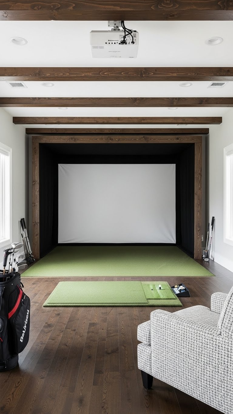 Golf Simulator Room Size Complete Guide For Home Setup Wide Golf Simulator Hitting Area With Center-Hitting Mat And Impact Screen In Minimalist Symmetrical Home Entertainment Space.