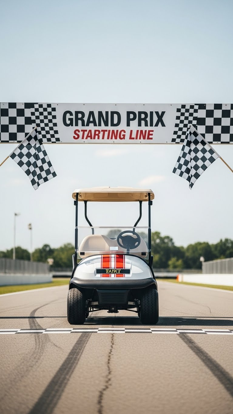 Wide Shot Of Golf Cart At Mario Kart Grand Prix Starting Line With Checkered Flags On Asphalt Race Track