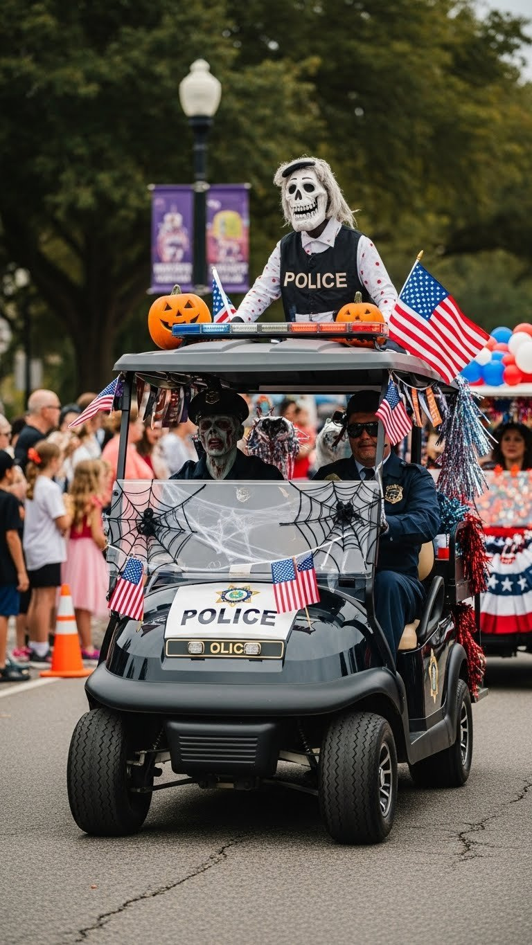 Wide Shot Of Police Golf Cart Displaying Creative Prisoner Cage With Costumed Figure During Festive Outdoor Parade