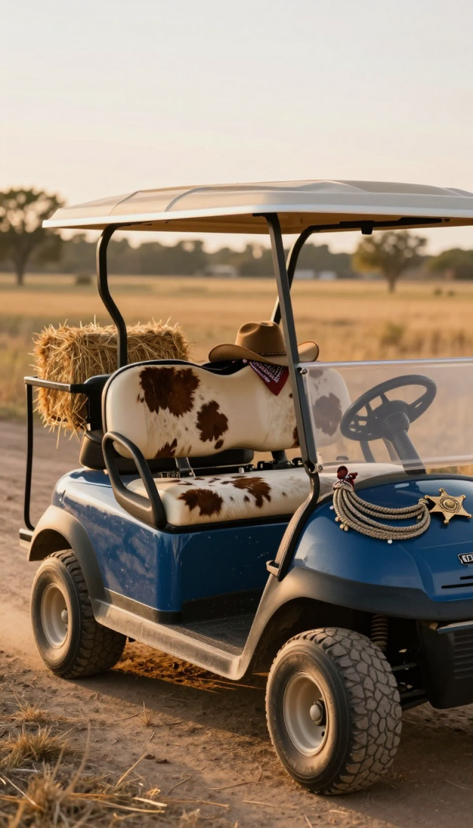 Wild West Rodeo-Themed Golf Cart With Cowhide Fabric, Lasso, And Cowboy Hat On Dusty Path