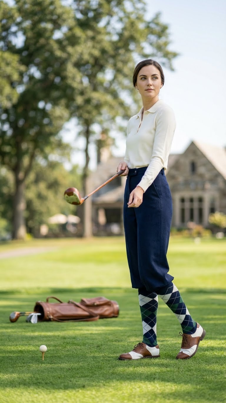 Woman Elegantly Posed On A Manicured Golf Green In A Classic Retro Outfit: Navy Wool Knickers, Long-Sleeve Polo, Argyle Socks, Vintage Golf Shoes. Golf Club And Leather Bag Visible.