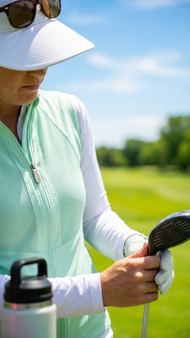 Woman Golfer In A Mint Green Breathable Mesh Golf Vest, Uv Shirt, Visor, Holding Fairway Wood On A Sunny Course.