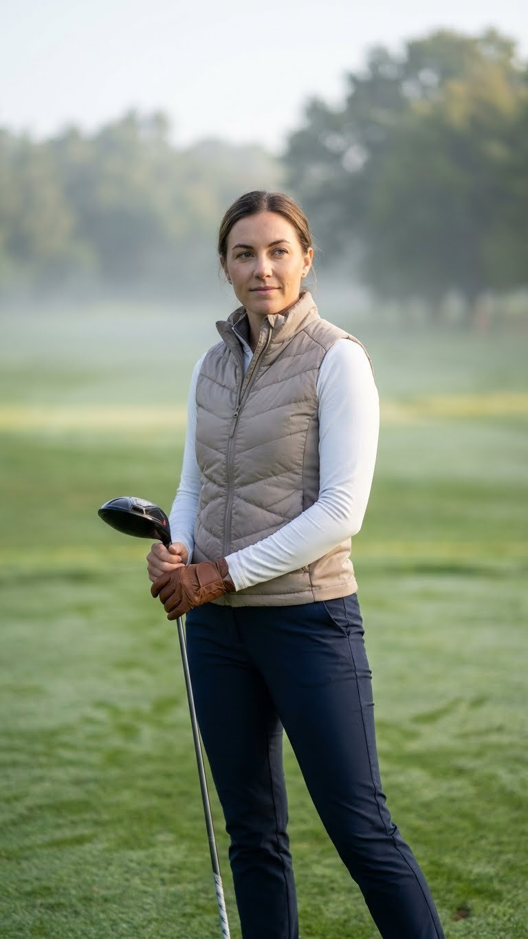 Woman Golfer In A Neutral Quilted Insulated Golf Vest, Dark Trousers, Holding A Driver On A Misty Early Morning Green Fairway.