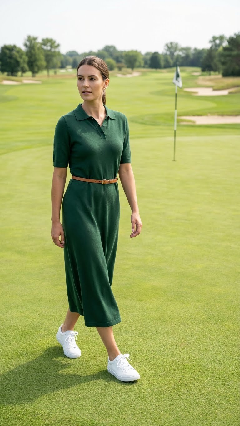 Woman In A Forest Green Collared Knit Polo Dress Walking On A Golf Course, Showcasing Effortless And Compliant Golf Style.