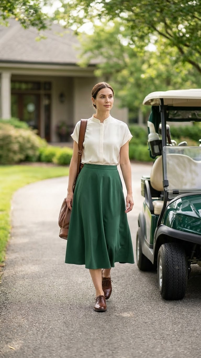 Professional Women'S Golf Outfits: Top 9 Styles Woman In A Sophisticated Forest Green A-Line Golf Skirt And Blouse Walks Gracefully Toward A Golf Cart On A Paved Path.