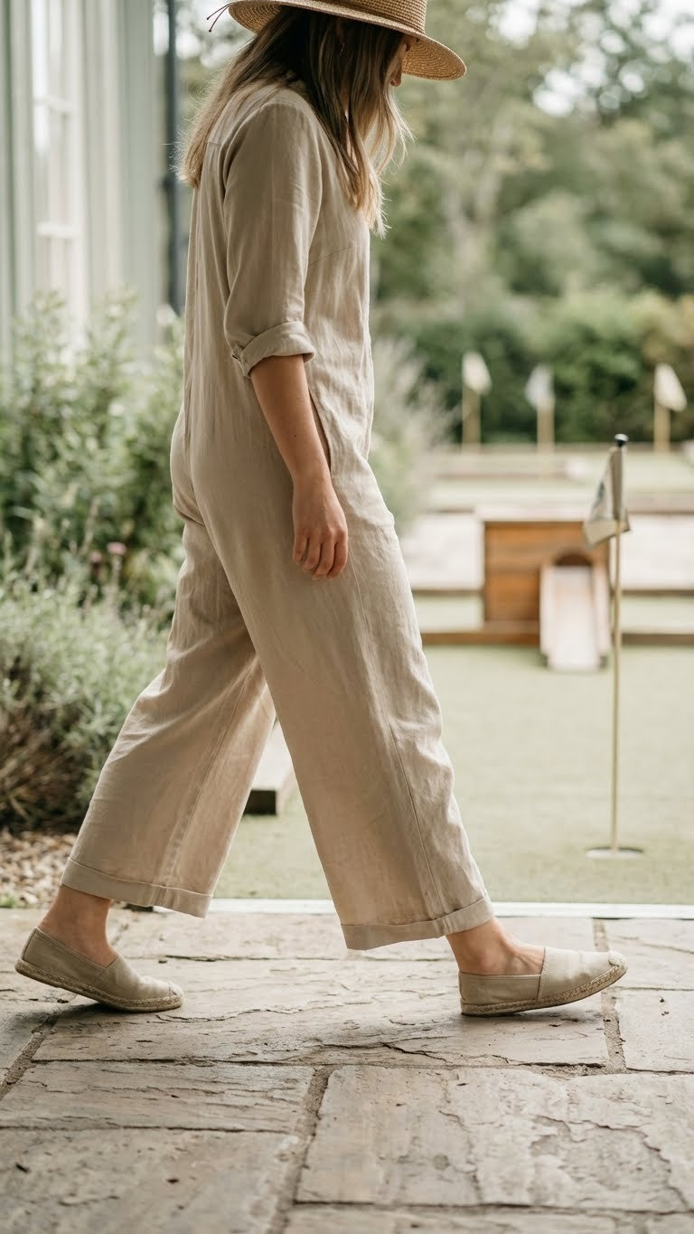 Woman In Beige Wide-Leg Linen Jumpsuit, Striding Toward Mini Golf Hole. Effortless, Comfortable Outdoor Mini Golf Style With A Relaxed Fit.