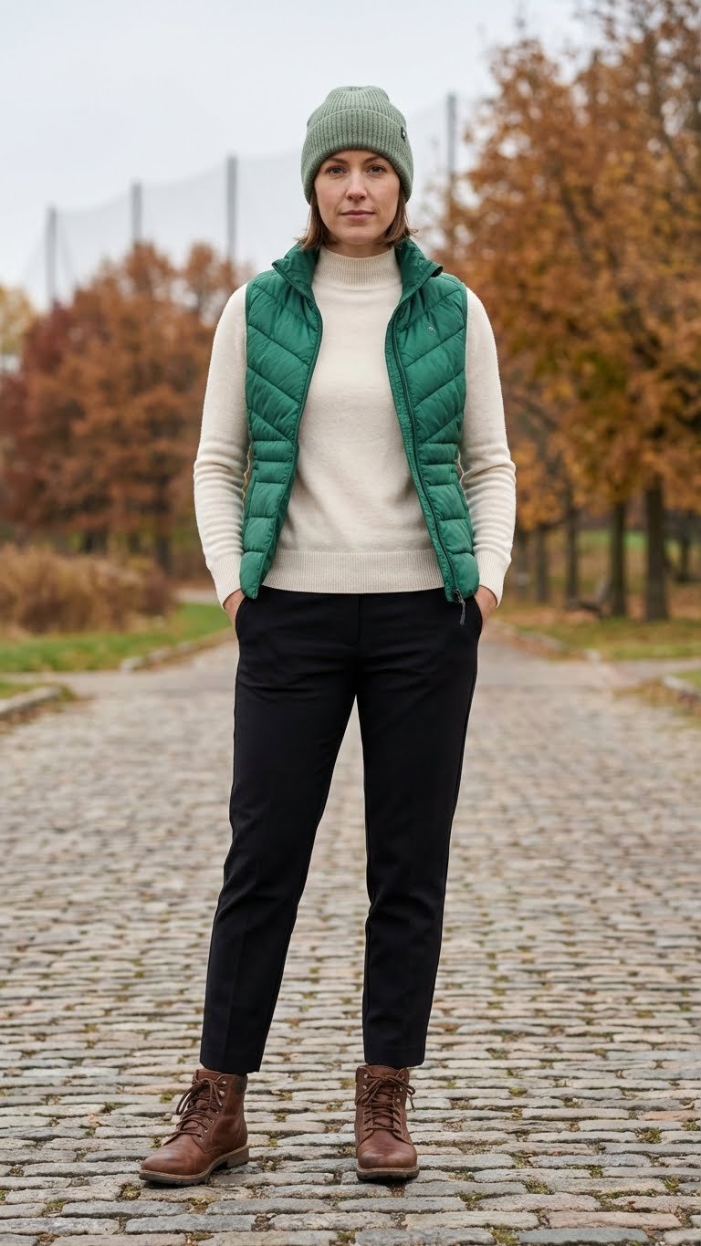 Woman In Black Slacks, Knit Turtleneck, And Emerald Athletic Vest, Showcasing Practical Cool Weather Golf Attire.
