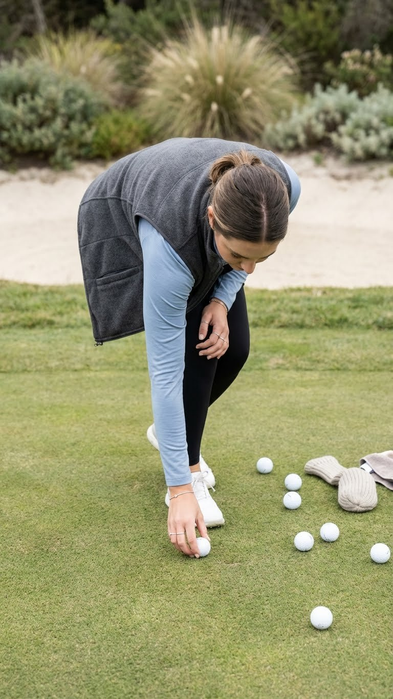 Woman In Charcoal Fleece Golf Vest, Leggings, Setting Golf Ball On Practice Putting Green Near Sand Trap.