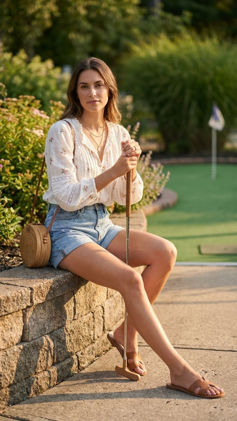 Woman In Denim Shorts, White Peasant Blouse, Sitting On Course. Casual, Stylish Mini Golf Wear, Golden Hour, Putter.