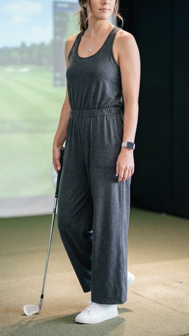 Woman In Elegant Black Wide-Leg Athleisure Jumpsuit, White Trainers, Holding Golf Club At Indoor Simulator.