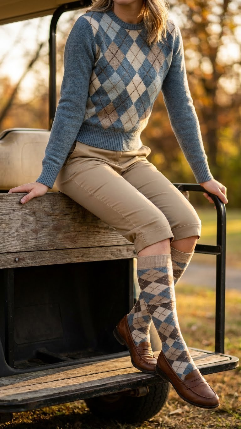 Woman In Khaki Golf Capris, Blue Argyle Sweater, Patterned Socks, Sitting On A Wooden Golf Cart. Vintage Golf Style.