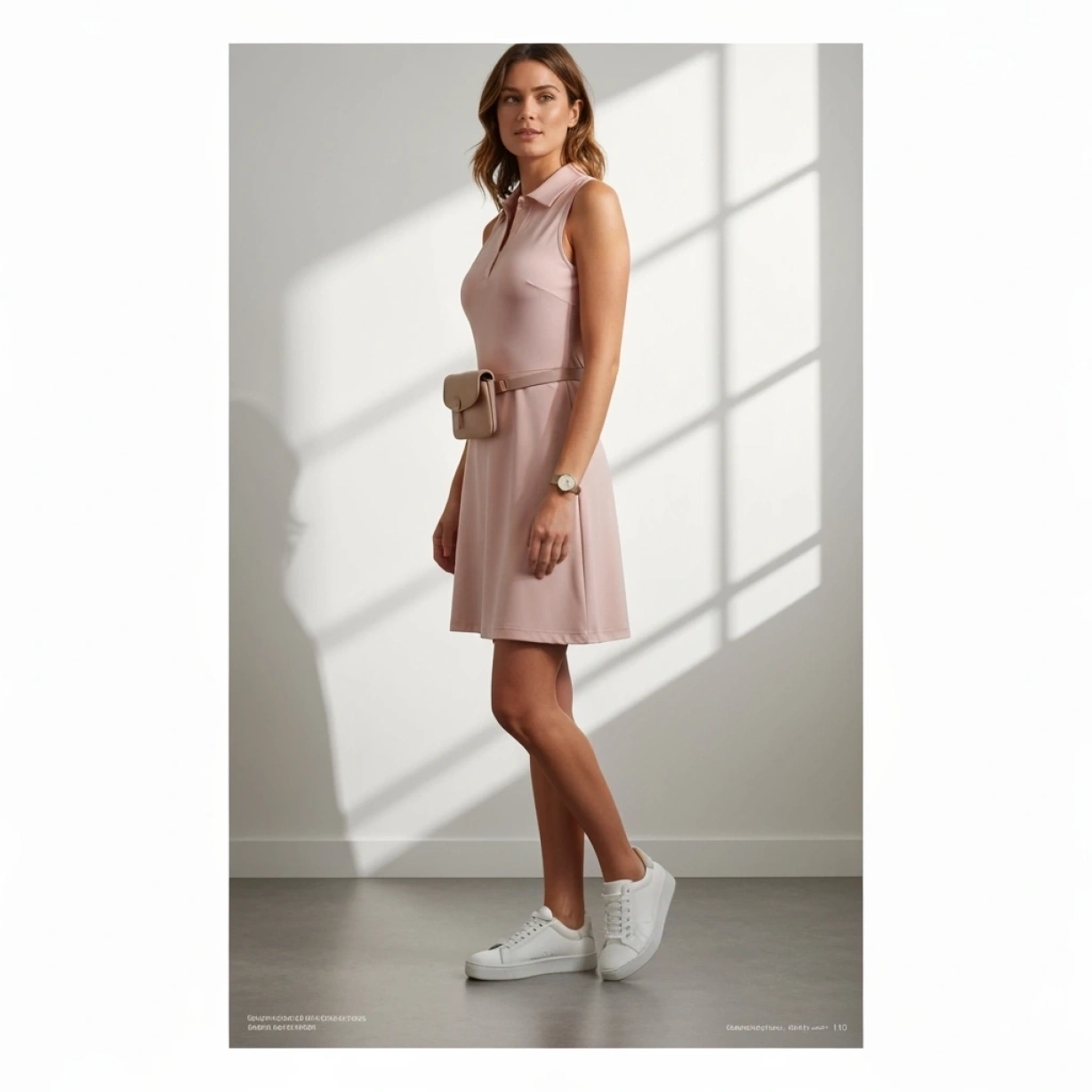 Woman In Sleek Blush Pink Golf Dress With A-Line Skirt, White Trainers, Perfect For An Elegant Golf Date.