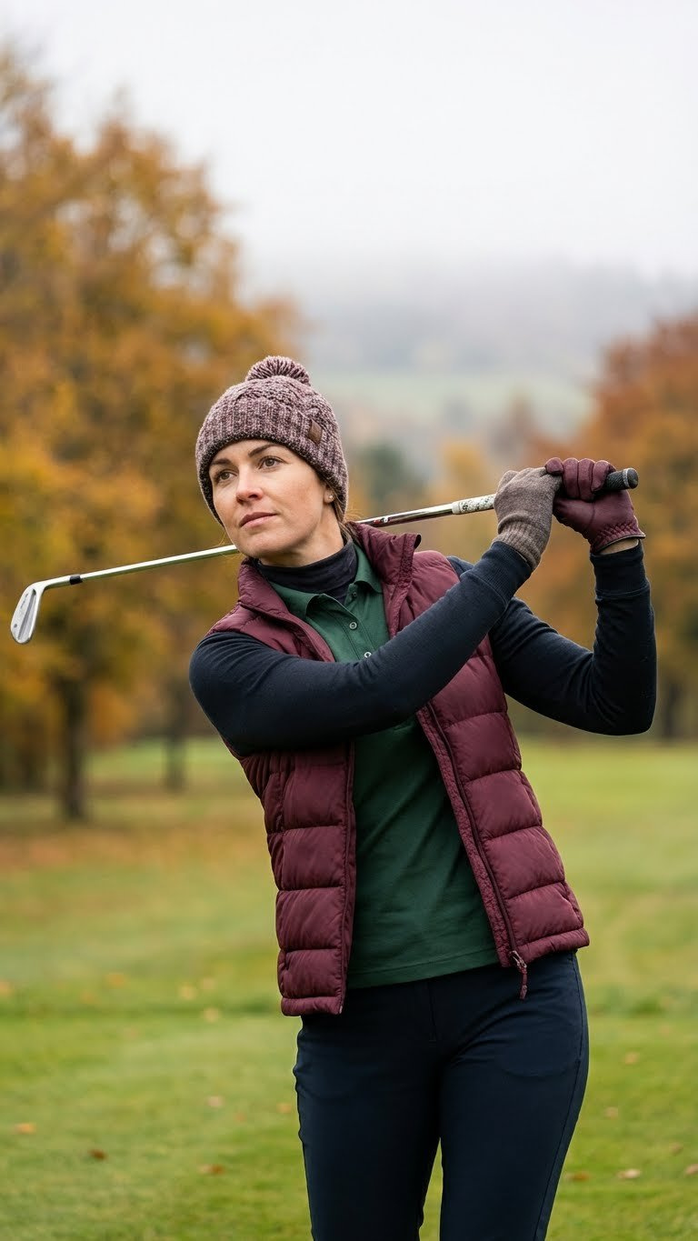 Professional Women'S Golf Outfits: Top 9 Styles Woman Mid-Swing On A Golf Course In Autumn, Wearing A Layered Outfit With A Stylish Burgundy Puffer Vest For Cold Weather.