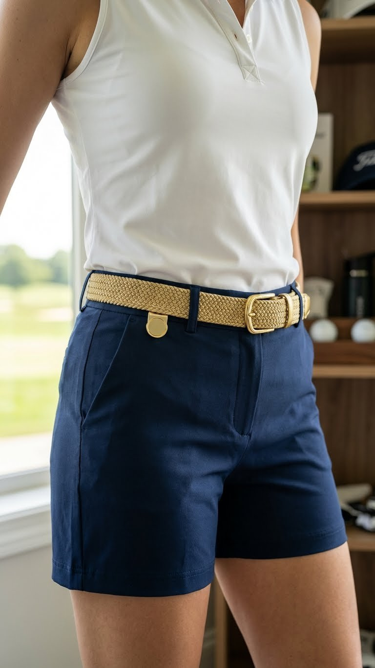 Golf Outfits For Women Shorts: Ultimate Style &Amp; Comfort Guide Woman Models Flattering High-Waisted Navy Golf Shorts With A Tucked Polo Shirt, Stylish Belt, And Golf Ball Marker.