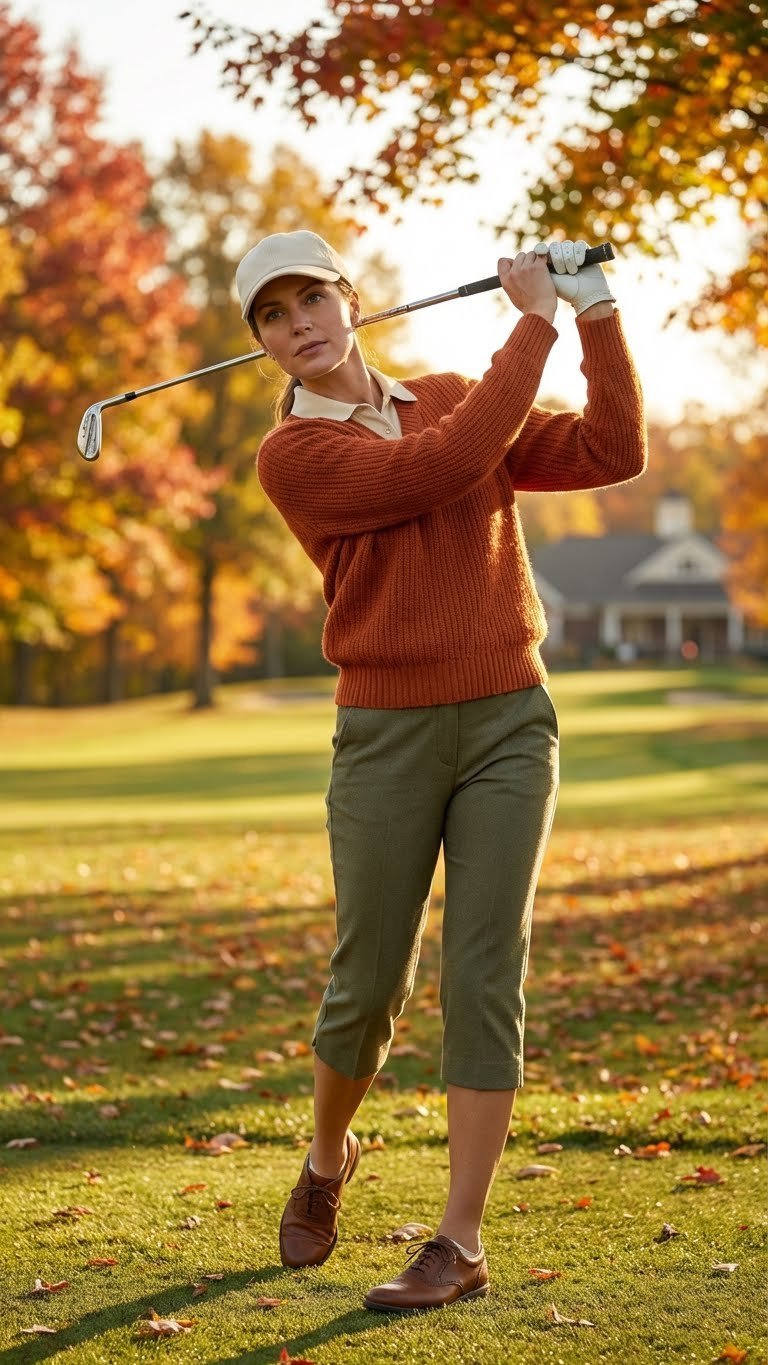 Woman Swings A Club On An Autumn Course, Chicly Layered In A Golf Sweater Over A Polo With Stylish Women'S Pants.