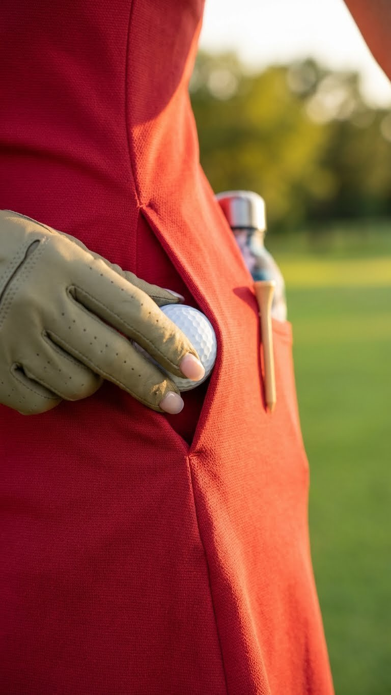 Woman'S Hand Puts Golf Ball In Hidden Side-Seam Pocket Of A Fitted Red Golf Dress, Showing Practical Design.