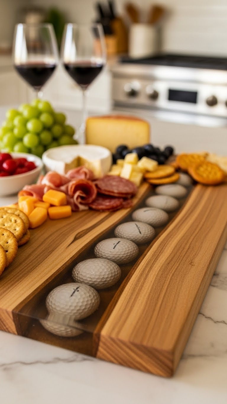 Wooden Charcuterie Board With Golf Balls Embedded In Clear Epoxy Resin River On Marble Countertop