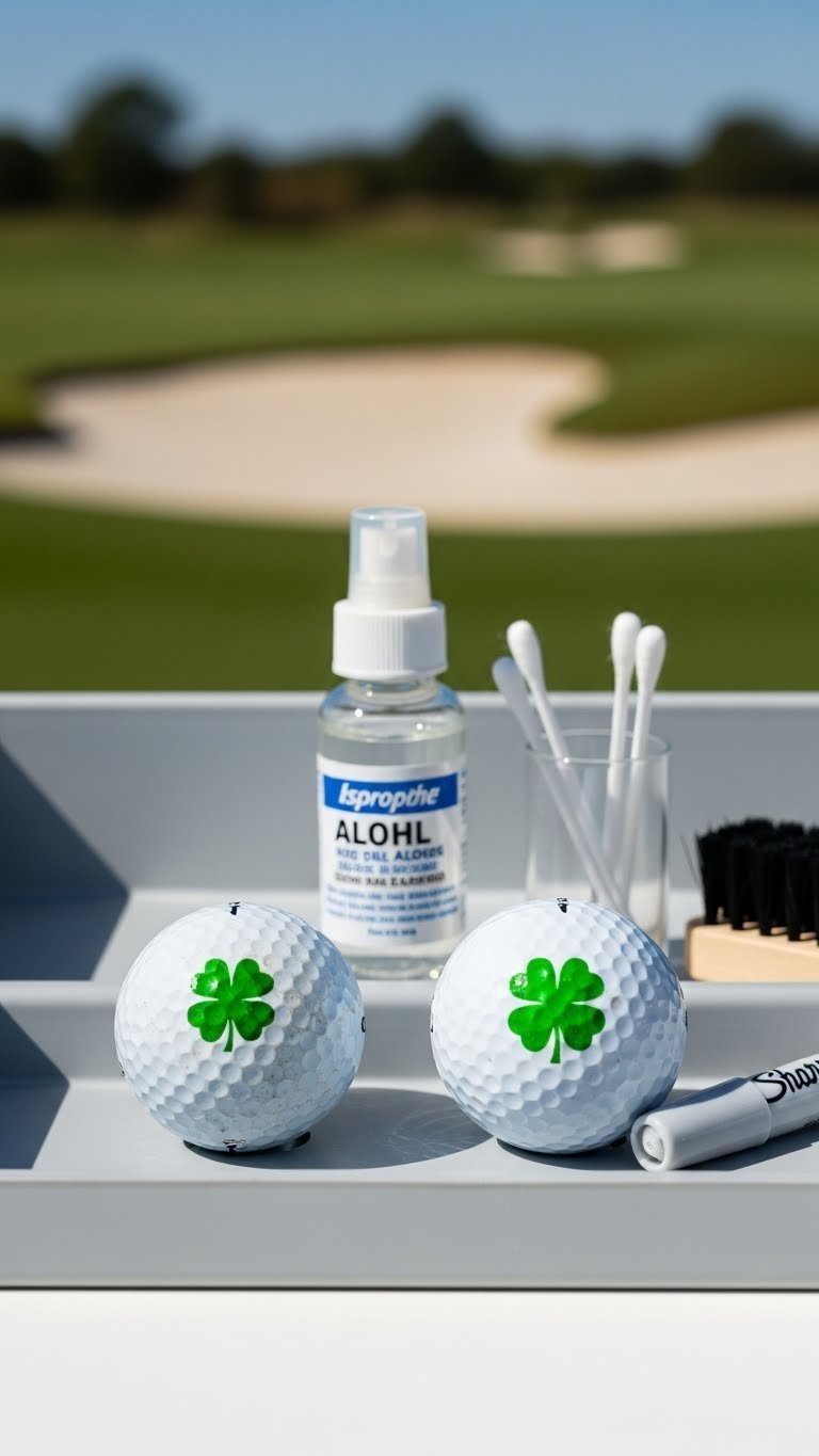 Worn Golf Ball With Fading Four-Leaf Clover Design Contrasted With Pristine Ball Showing Fresh Green Mark And Maintenance Supplies