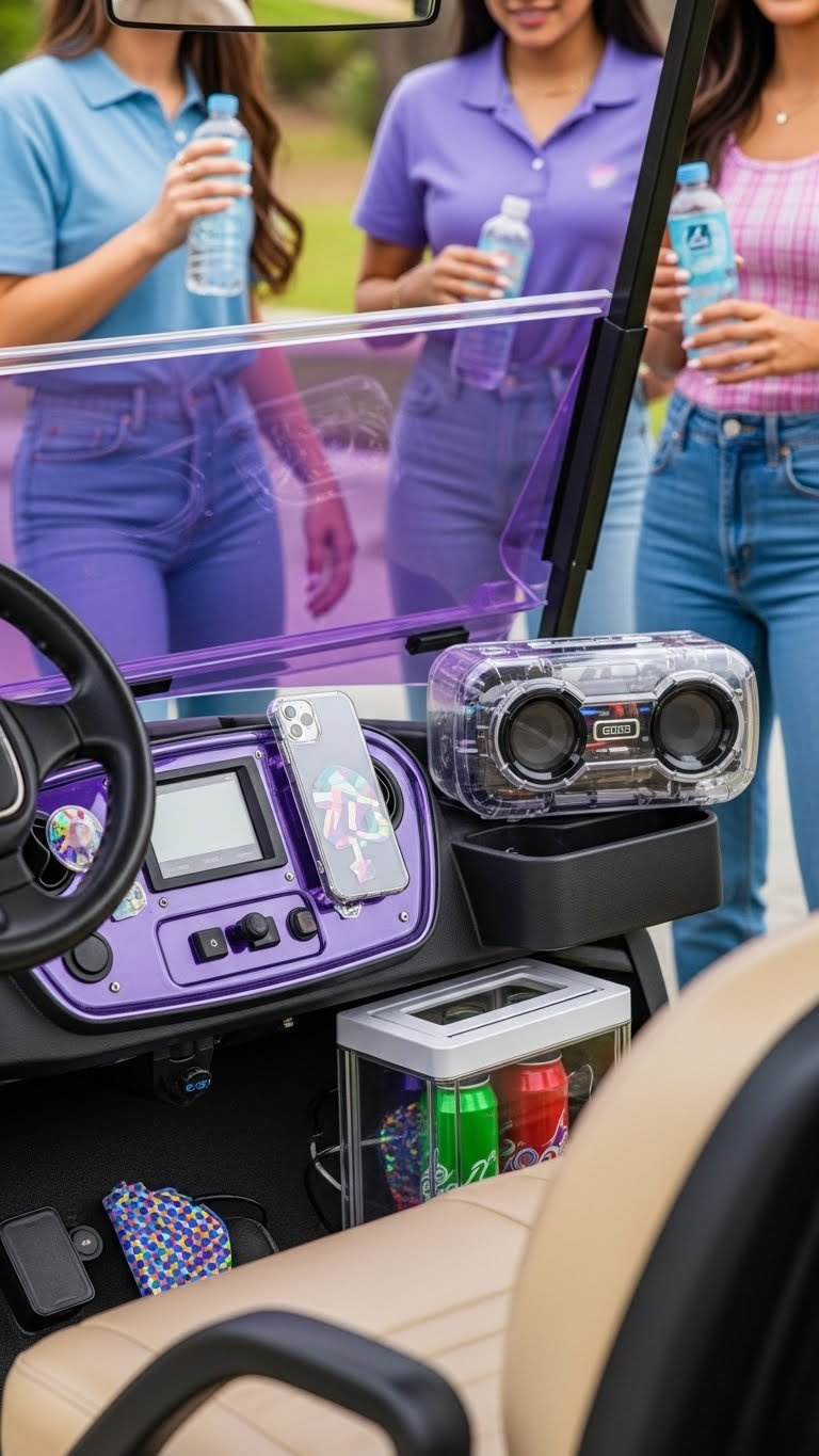 Y2K-Inspired Golf Cart Interior With Translucent Purple Dashboard, Transparent Cooler, And Bluetooth Speaker Admired By Friends