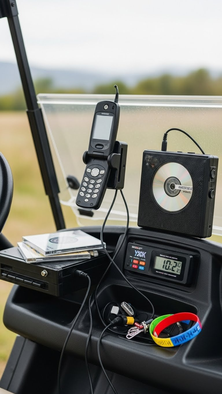 Y2K Retro Tech Dashboard Featuring Flip Phone, Cd Player, And Pixel Art Clock On Golf Cart With Nostalgic Gadgets