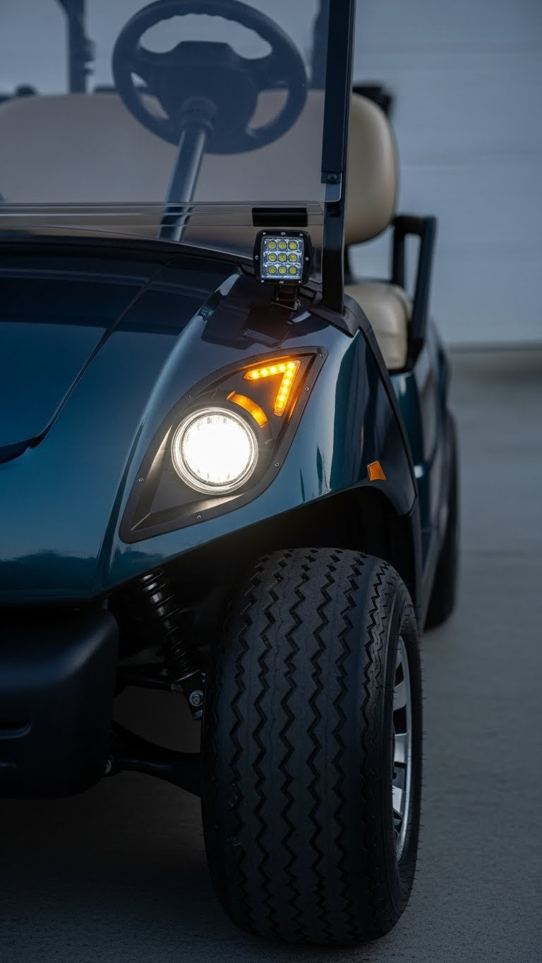 Yamaha Drive Golf Cart With Integrated Led Lights And Activated Amber Turn Signals At Dusk On Paved Surface