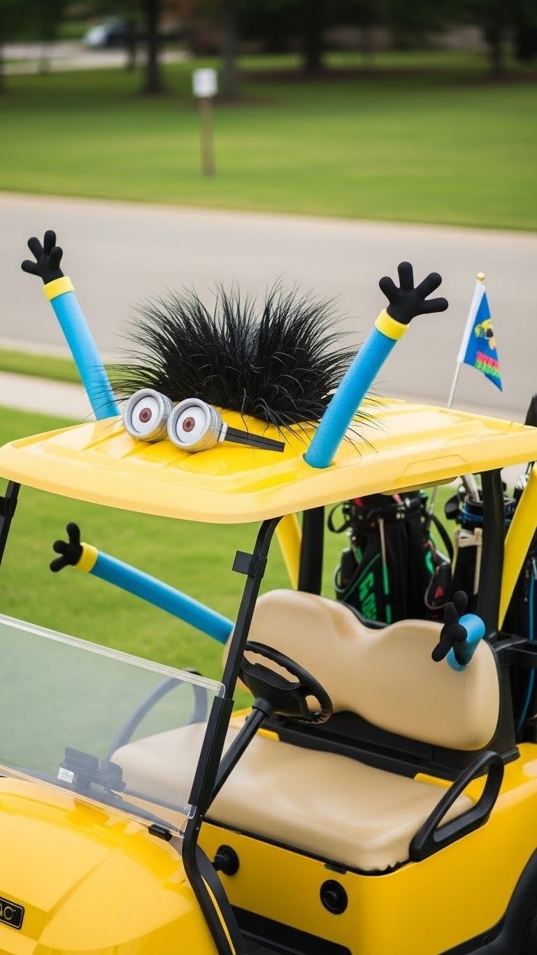 Yellow Minion Golf Cart With Spiky Black Hair On Roof And Waving Blue Pool Noodle Arms On Grassy Outdoor Setting