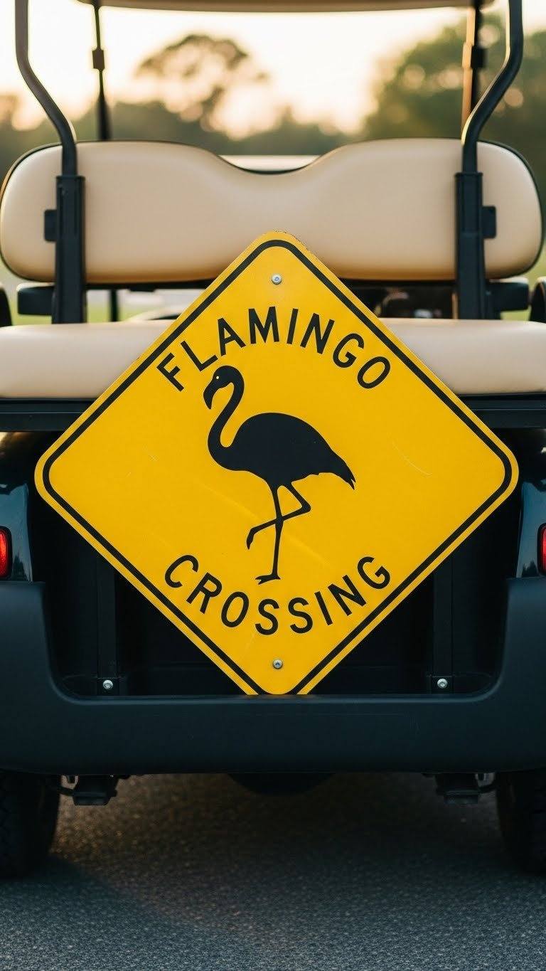 Yellow Diamond-Shaped Flamingo Crossing Sign With Black Silhouette Displayed On Rear Bumper Of Golf Cart