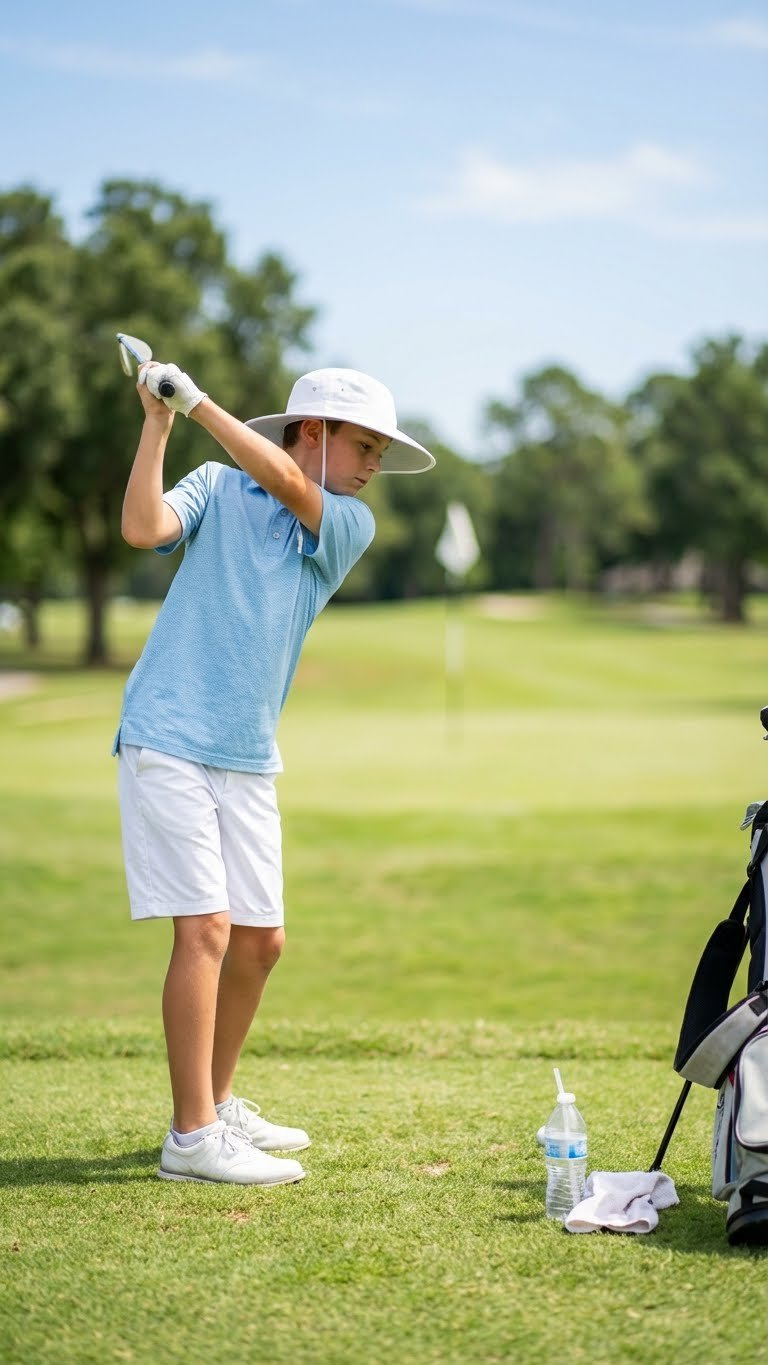 Youth Golfer In Light Blue Upf Golf Shirt, White Shorts, Wide-Brimmed Hat On A Sunny Fairway.