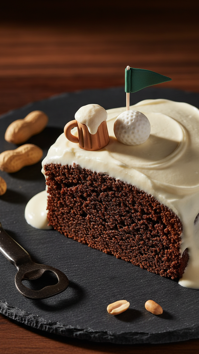 19Th Hole Chocolate Stout Cake With Miniature Fondant Beer Mug, Golf Ball, And Flag On Dark Slate Surface