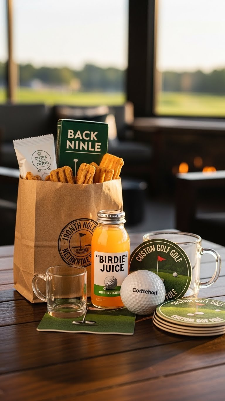 19Th Hole Treat Bag With Back Nine Snacks, Miniature Birdie Juice, And Golf-Themed Relaxation Items On Rustic Wooden Table