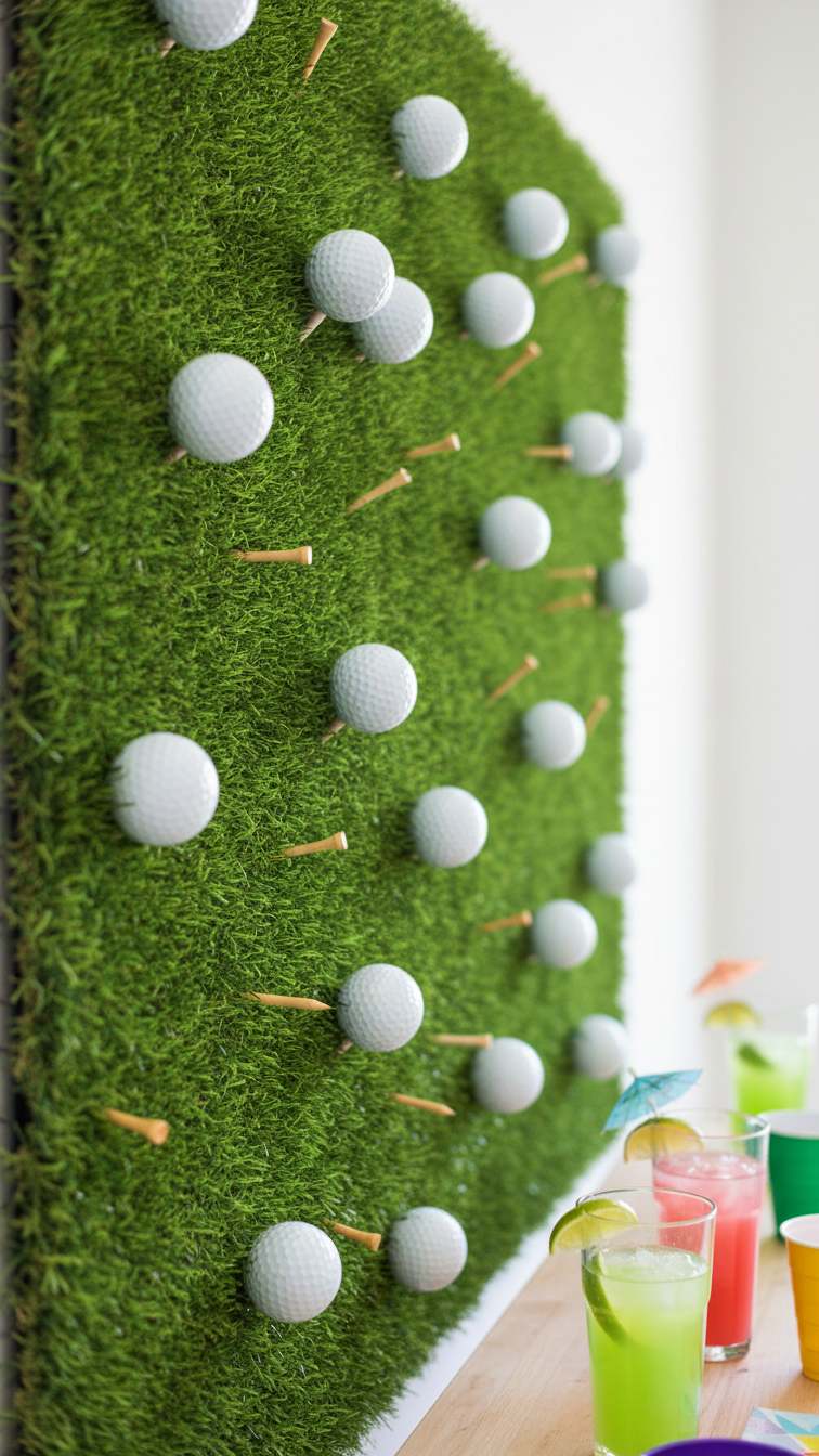 3D Artificial Grass Wall With Golf Balls And Tees Arranged In Pattern For Creative Party Backdrop
