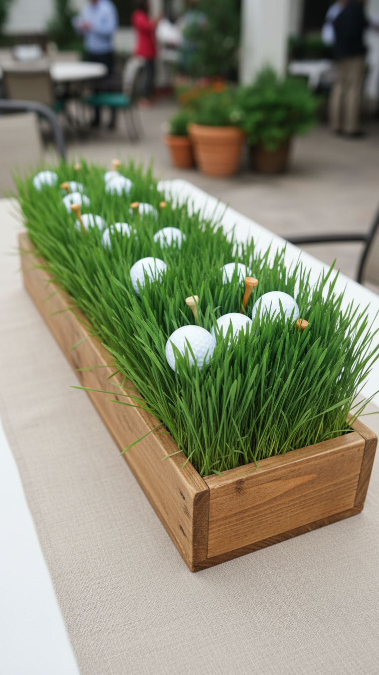 45-Degree Angle View Of Rustic Wooden Planter Box With Wheatgrass, White Golf Balls, And Wooden Tees On Linen Runner