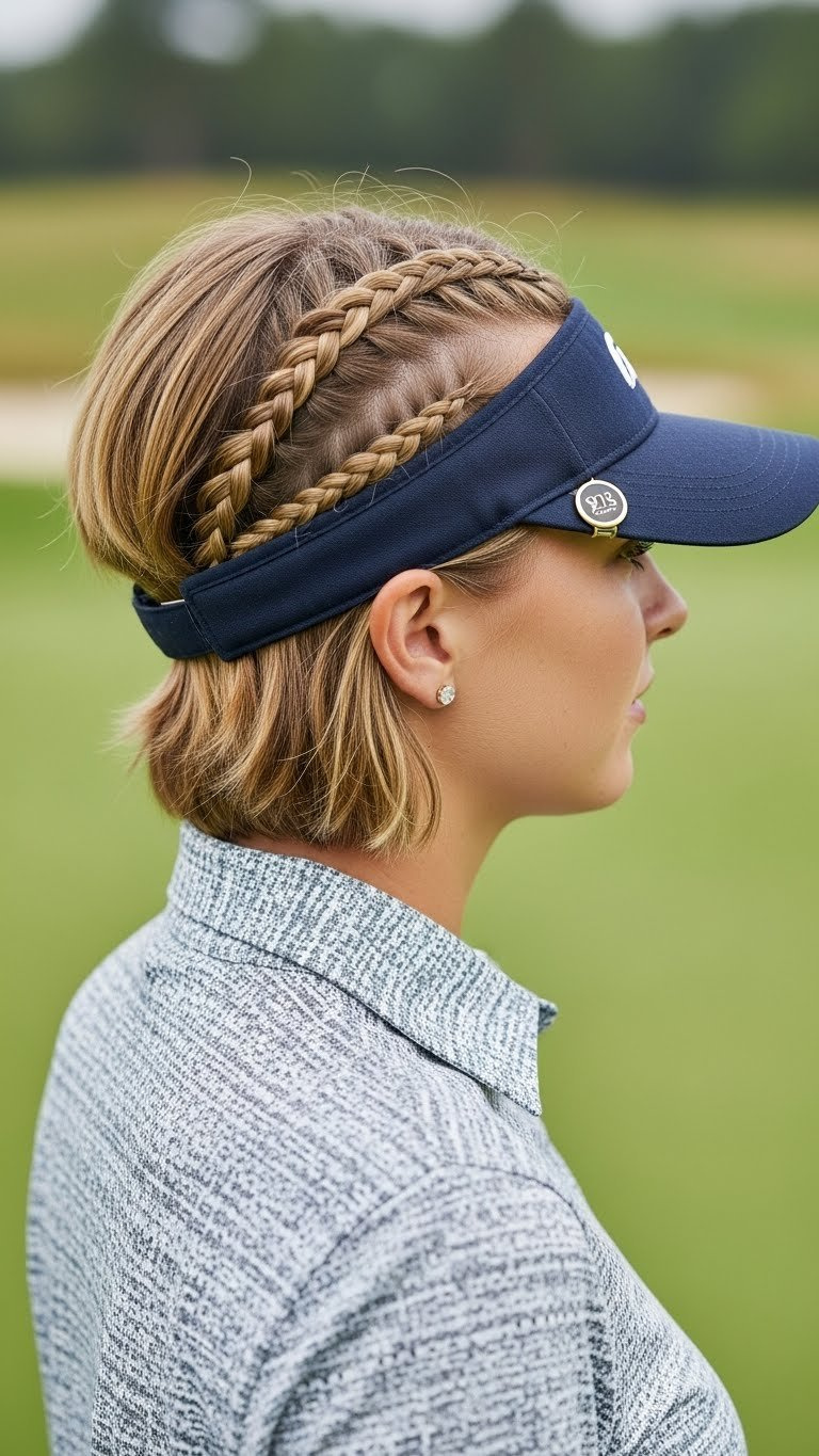 A Female Golfer Showcases Intricate And Secure Dutch Braids On Her Short Hair, Ideal For Windproof Play On The Golf Course.