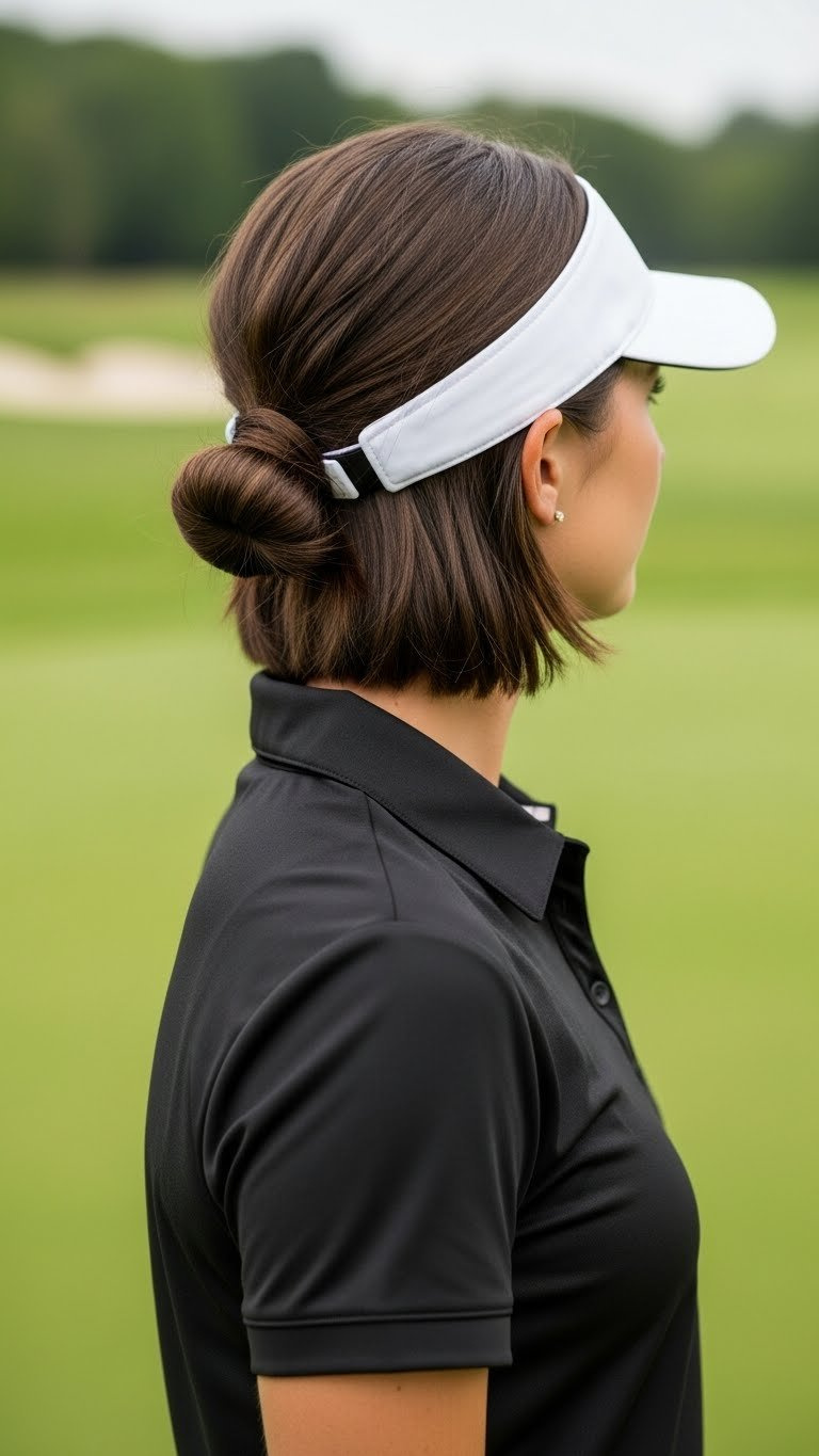 A Female Golfer With A Bob Haircut Neatly Secures Her Hair In A Low Bun, Perfect For Wearing A Hat On The Golf Course.
