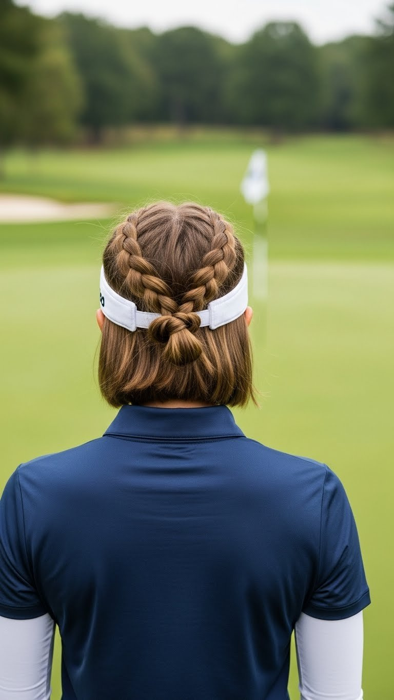 A Female Golfer With Short Hair Sports A Secure And Elegant Half-Up Braid On A Lush Green Golf Course, Perfect For An Active Day.