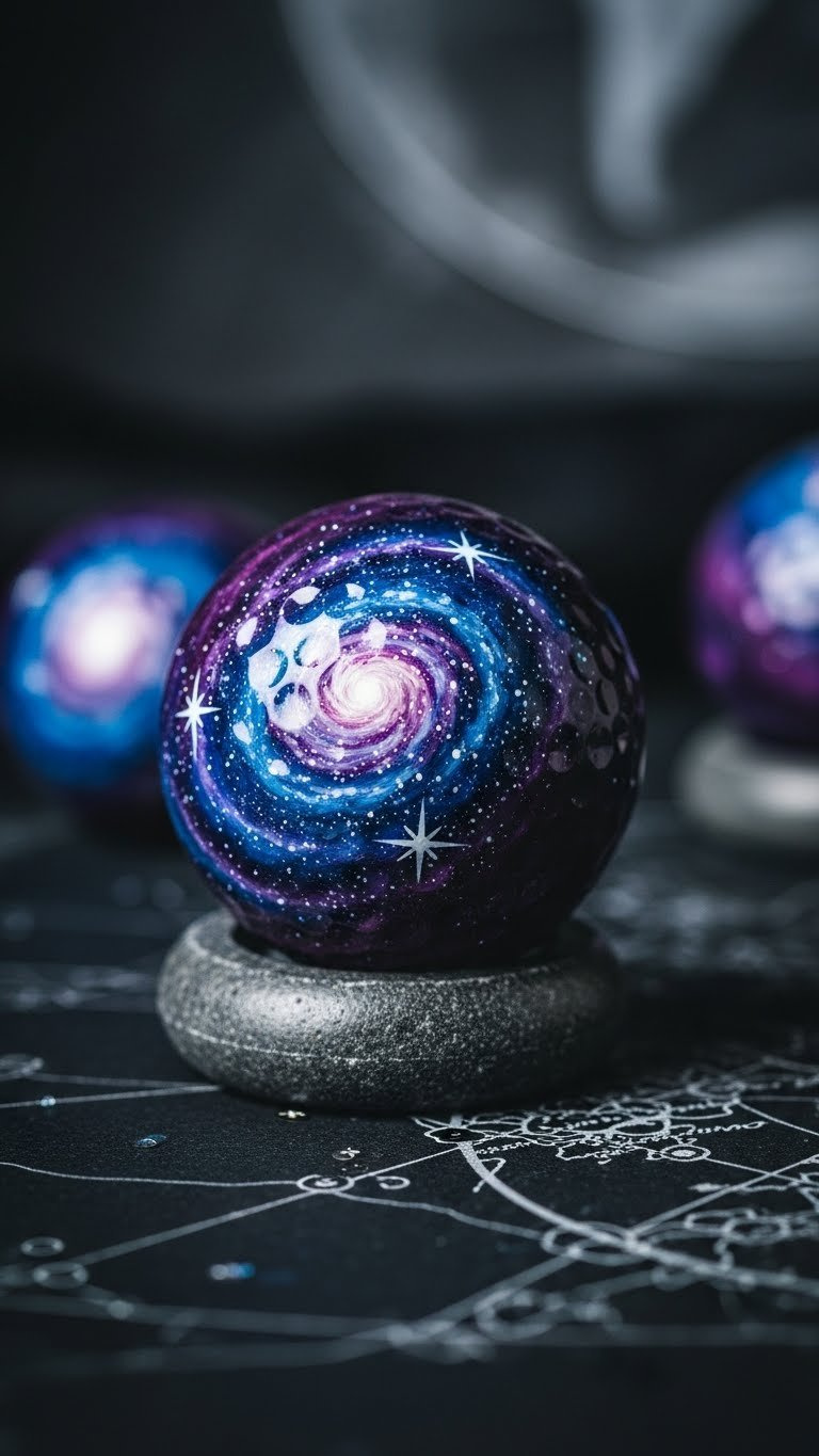 A Single Golf Ball Painted With A Miniature Galaxy Design Featuring Swirling Blues, Purples, And White Stars On A Dark Pedestal.