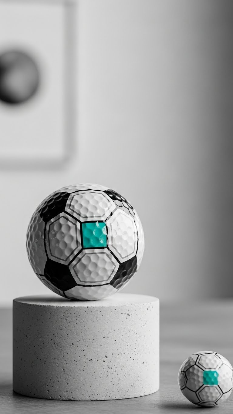Abstract Geometric Soccer Pattern Golf Ball On Concrete Plinth With Minimalist Gallery Background