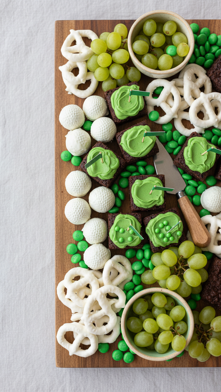 Abundant Golf-Themed Dessert Charcuterie Board With Truffles, Brownies, And Assorted Treats On Wooden Board