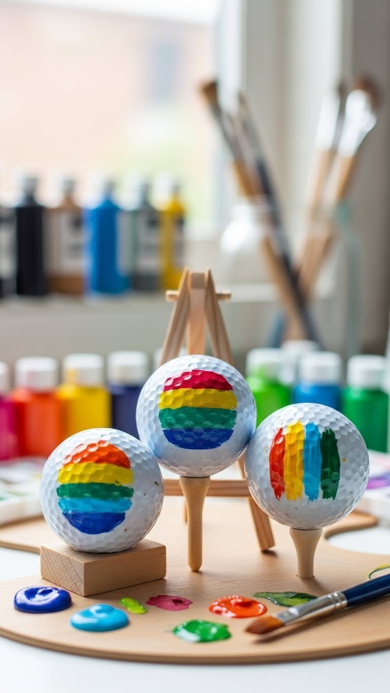 Acrylic Painted Golf Balls With Geometric Designs And Brushstrokes Displayed On Mini Easel With Paintbrushes And Palette