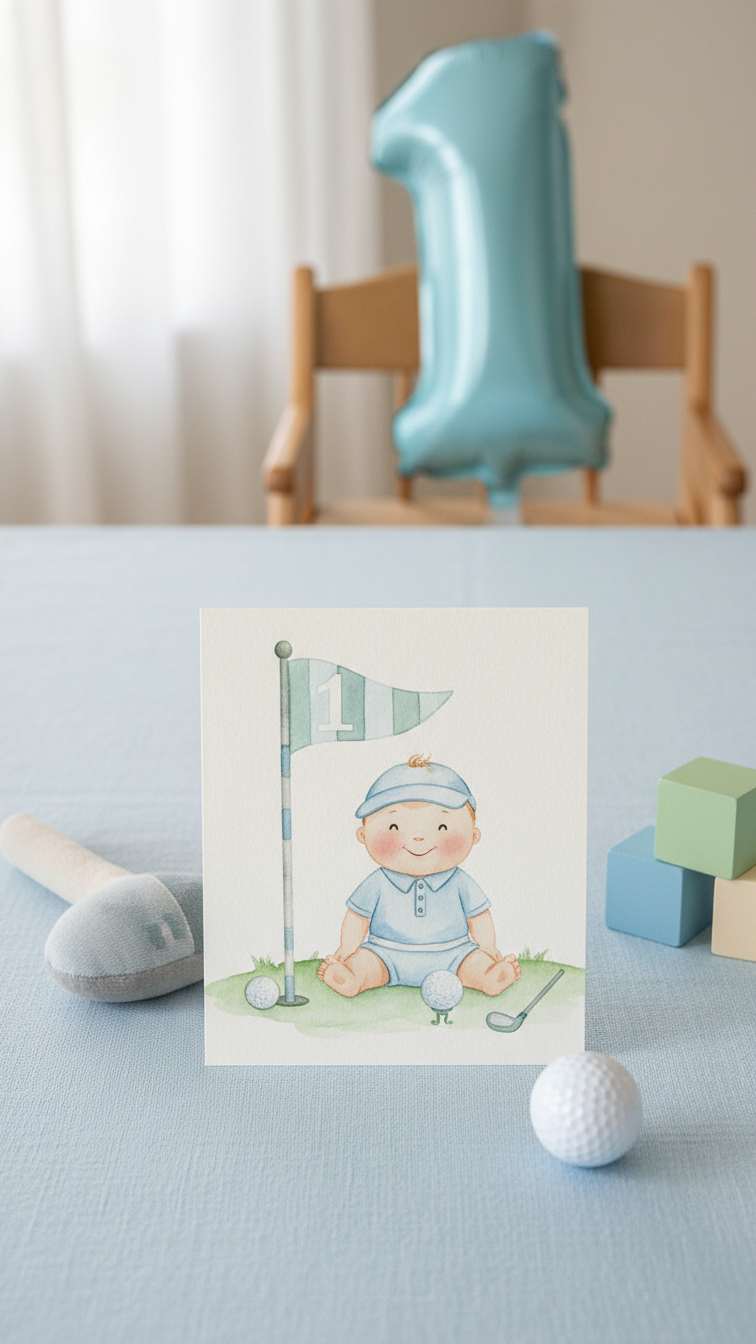 Adorable Hole In One First Birthday Invitation With Baby In Golf Outfit Sitting By Flagstick On Blue Linen