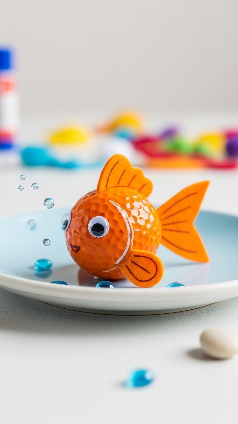 Adorable Golf Ball Goldfish Craft With Orange Paint And Googly Eyes On Ceramic Plate With Craft Supplies Background