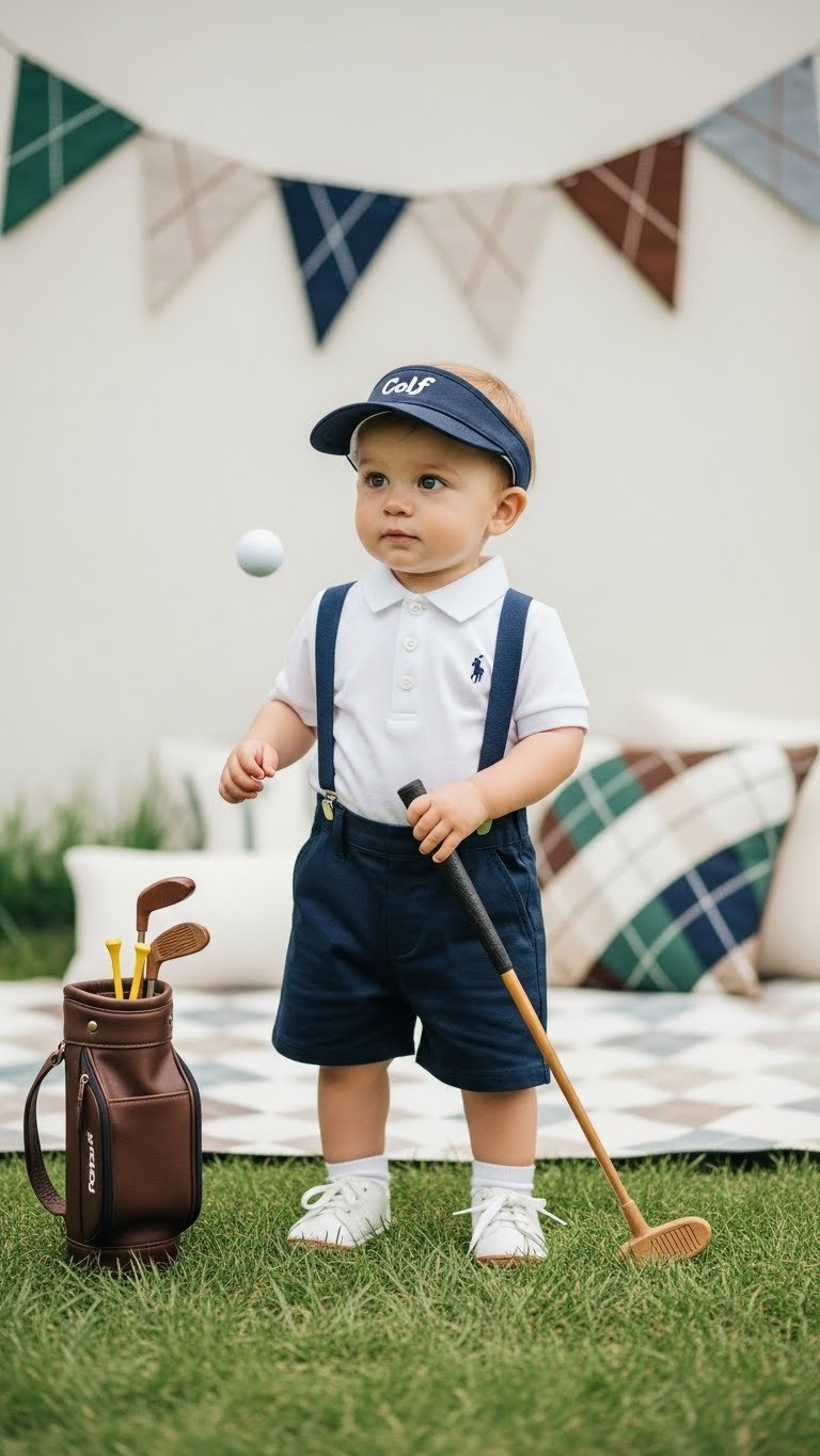 Adorable Toddler Dressed In Caddy Outfit Holding Toy Golf Club On Green Lawn With Golf Accessories