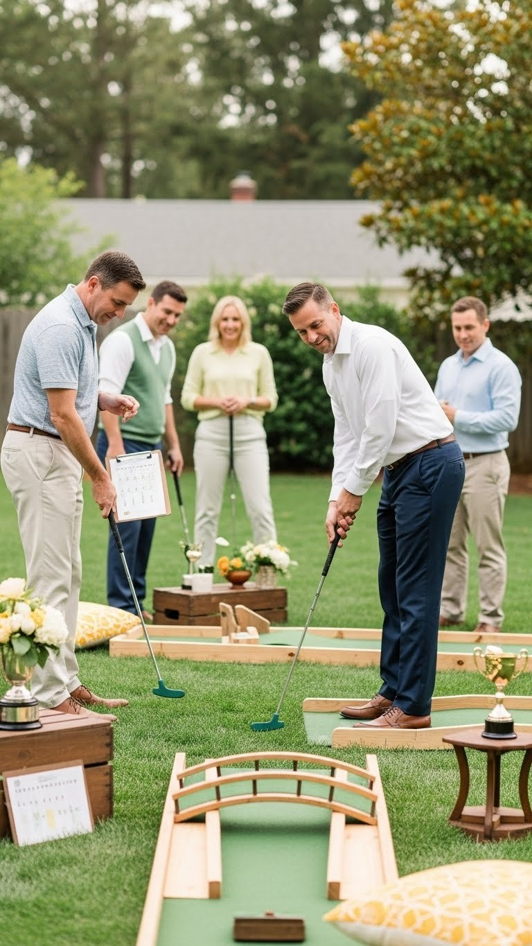 Adults Playing Backyard Mini-Golf With Vintage-Style Obstacles And Retro Golf Outfits In Lively Garden Party Setting