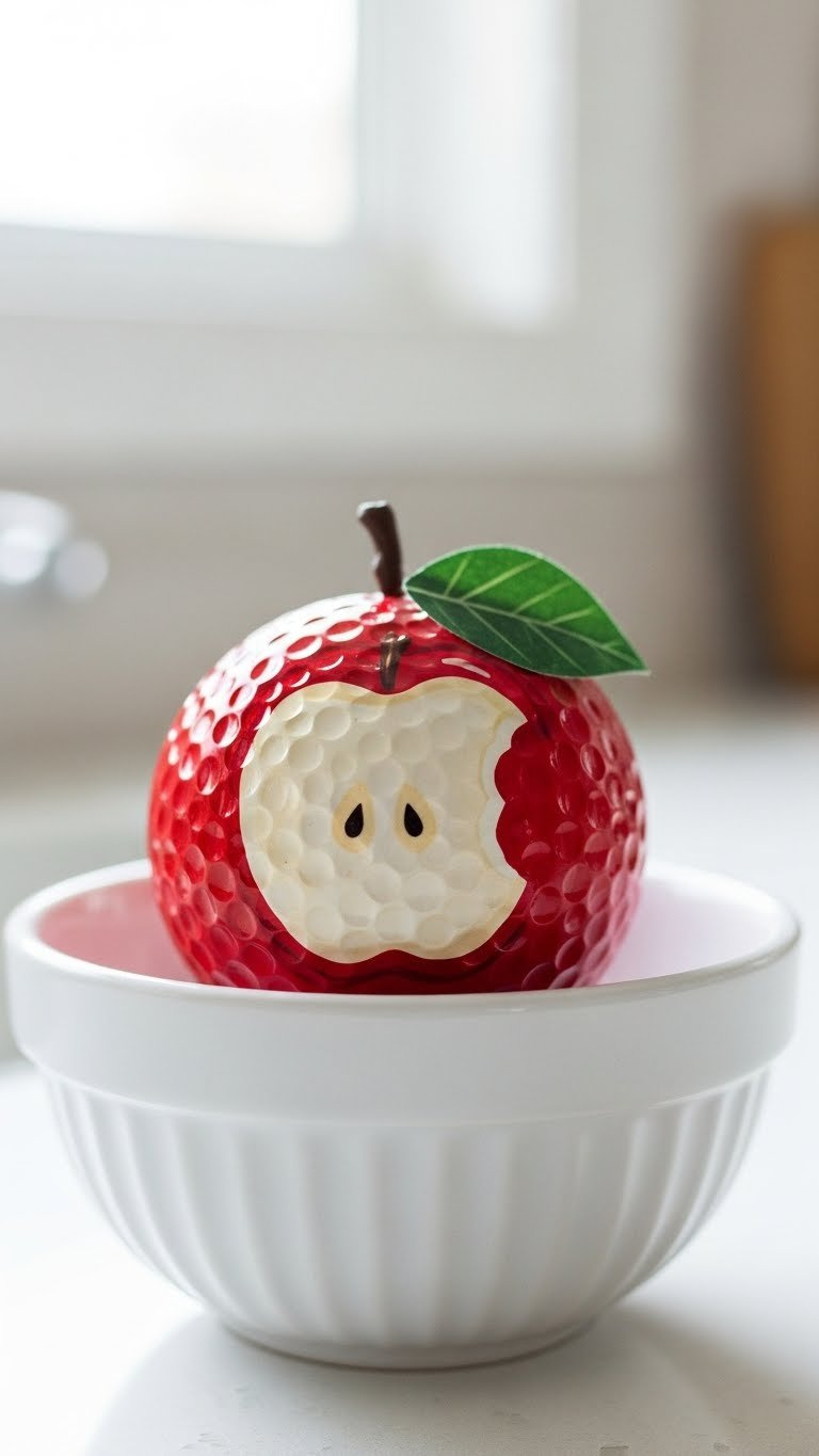 Apple Design Hand-Painted Golf Ball With Bite Mark And Brown Stem In White Bowl With Soft Natural Lighting