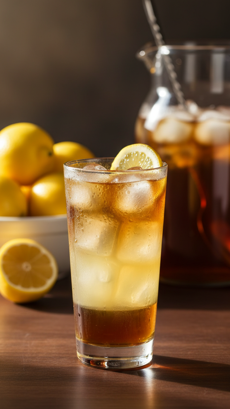 Arnold Palmer Cocktail In Tall Glass With Condensation, Lemon Wheel Garnish, And Amber Layers