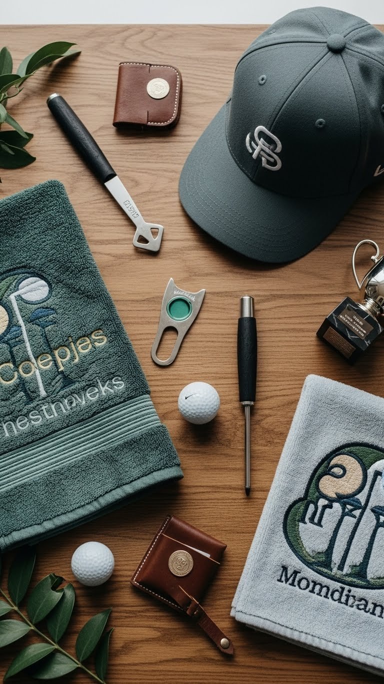 Golf Party Hole In One: 7 Must-Have Celebration Ideas Arrangement Of Golf-Themed Prizes Including Personalized Towel Divot Tool Engraved Trophy On Rustic Wooden Table