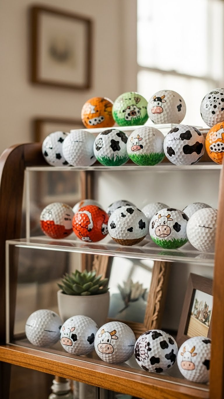 Artfully Arranged Collection Of Decorated Golf Balls Cow Crafts Displayed On Organized Shelf With Soft Natural Lighting