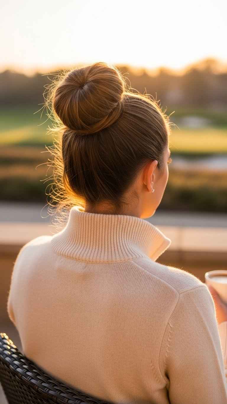 Artfully Messy Elevated Bun Positioned High On Head Clearing Collar Of Soft Crewneck Golf Sweater At Sunset.